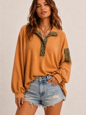 Easel All Good Vibes Ribbed Oversized Top- Boho Paisley Pullover